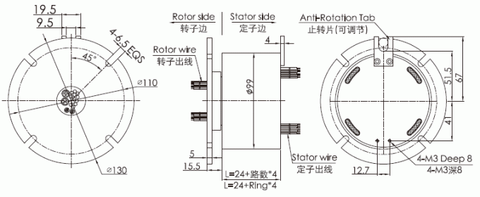 bm099シリーズBM099シリーズ産業バス スリップ リング（RS-232、RS-485、RS-422）スリップ リング デッサン