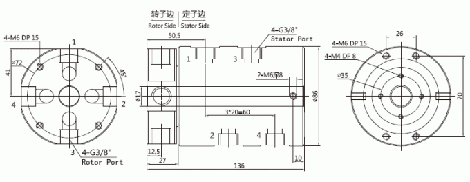 3004012シリーズ3004012シリーズG3/8 4道の空気及び電気回転式連合スリップ リング デッサン