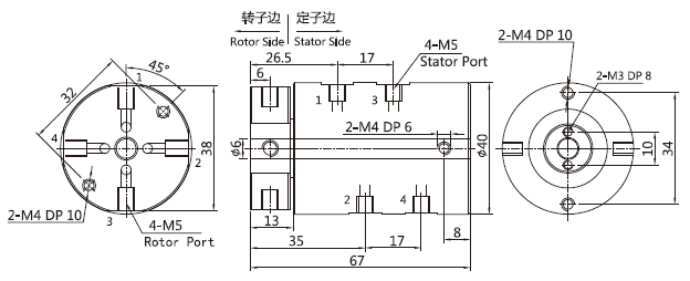 3004004のシリーズ3004004シリーズM5 4道Pnuematic/+Electric Hybridry回転式連合スリップ リング デッサン