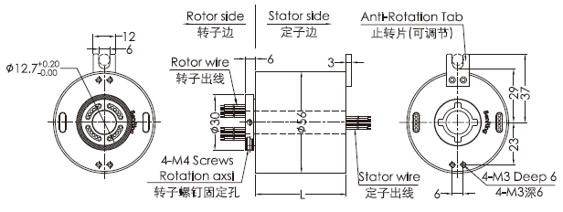 eh1256-01シリーズEH1256-01シリーズ ギガビットのイーサネット スリップ リング（1つのチャネル ギガビットEthernet+0~22circuits力/信号）スリップ リング デッサン