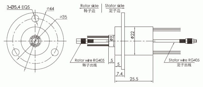 hf0103-22シリーズHF0103-22シリーズSingalチャネルの同軸ロータリージョイントのスリップ リング デッサン